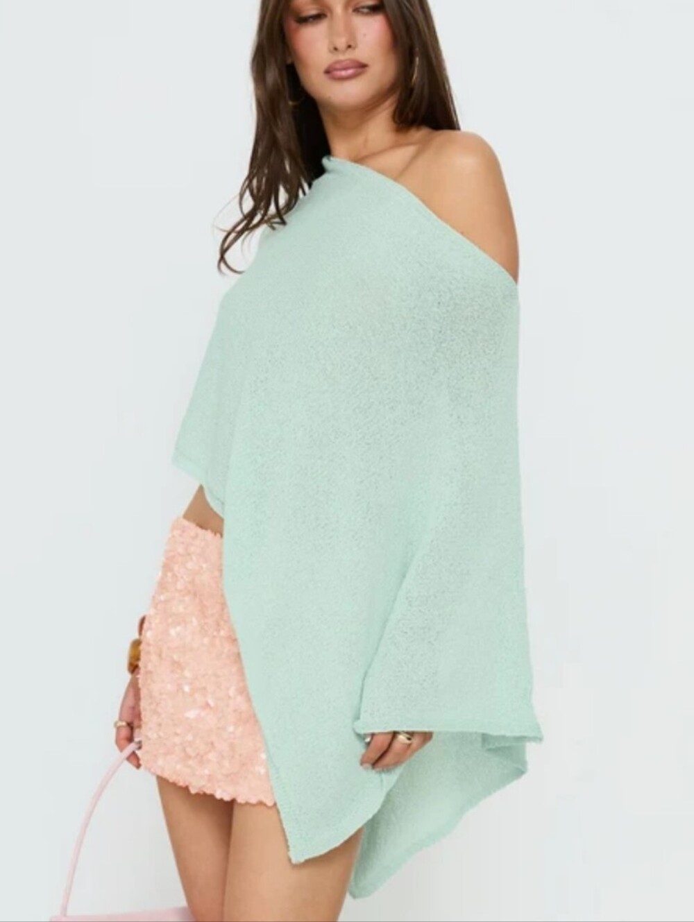 Light Seafoam Green Women's Draped Knit Sweater Poncho One Size